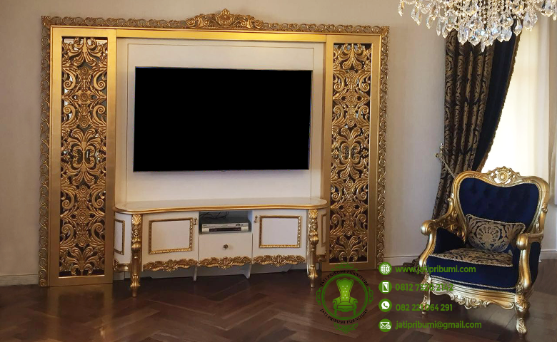backdrop meja tv ukir emas